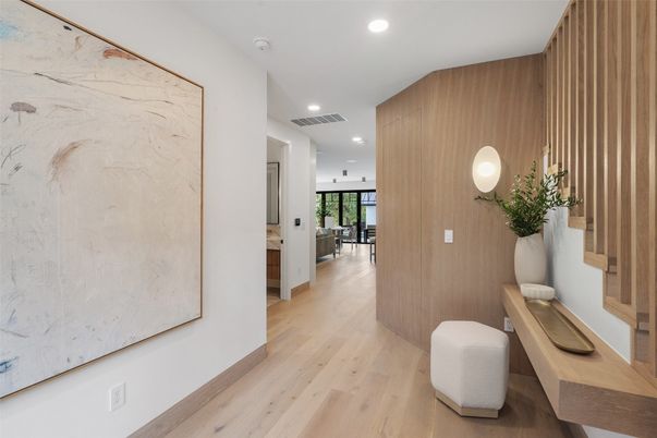 Interior, Pendant Lights, Recessed Lighting, Wood Texture Flooring, Wooden Walls