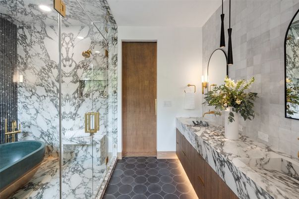 Bathroom, Dual Sink Vanities, Glass Shower, Interior, Marble Walls