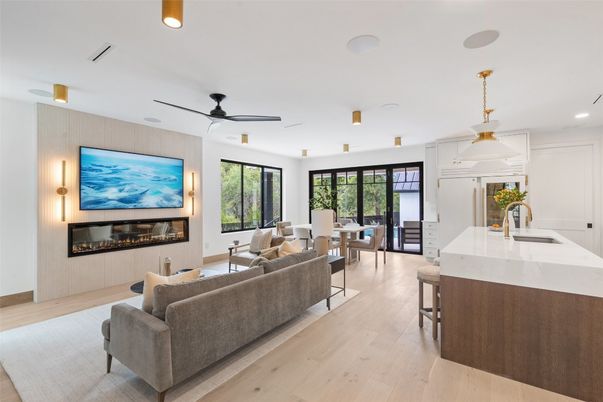 Dining room, Fireplace, Interior, Kitchen, Living room, Pendant Lights, Recessed Lighting, Wood Texture Flooring
