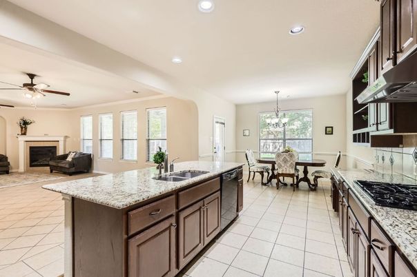 Chandelier, Dining room, Fireplace, Interior, Kitchen, Living room, Recessed Lighting