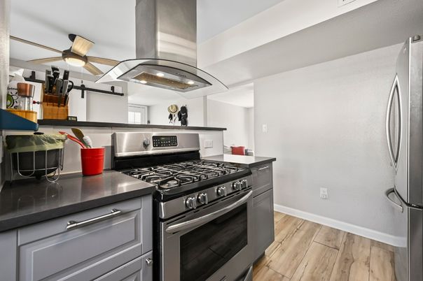 Interior, Kitchen, Stainless Steel Appliances, Wood Texture Flooring