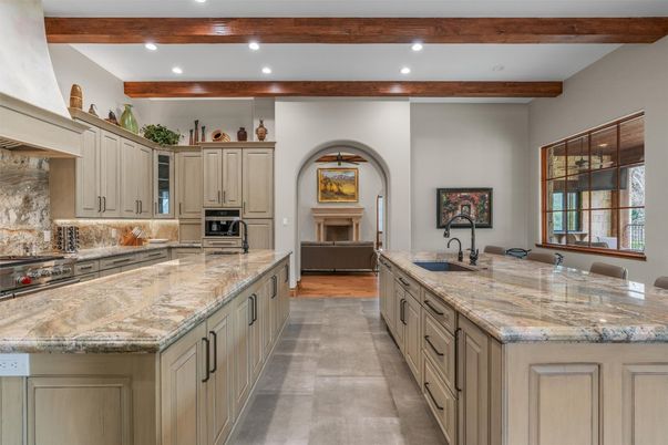 Fireplace, Interior, Kitchen, Recessed Lighting, Wooden Beams