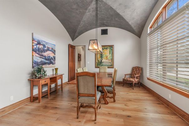 Dining room, Interior, Pendant Lights, Wood Texture Flooring