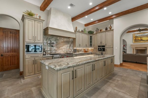 Fireplace, Interior, Kitchen, Recessed Lighting, Stainless Steel Appliances, Wooden Beams, Wood Texture Flooring