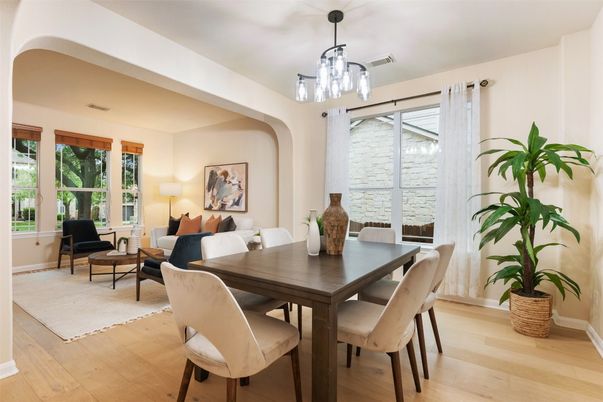 Dining room, Interior, Pendant Lights, Wood Texture Flooring