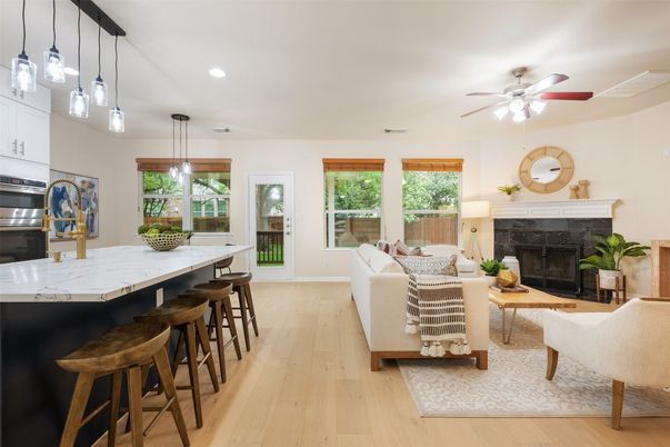 Fireplace, Interior, Kitchen, Living room, Pendant Lights, Recessed Lighting, Wood Texture Flooring