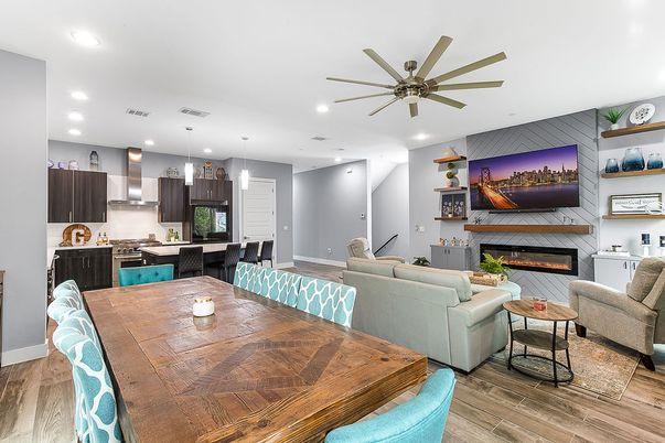 Dining room, Fireplace, Interior, Kitchen, Living room, Pendant Lights, Recessed Lighting, Wood Texture Flooring