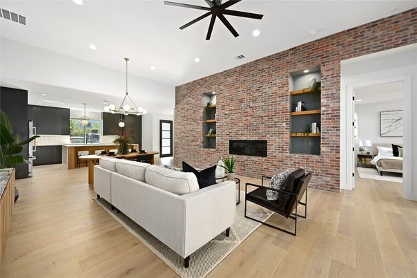 Dining room, Fireplace, Interior, Kitchen, Living room, Pendant Lights, Recessed Lighting, Stone Walls, Wood Texture Flooring