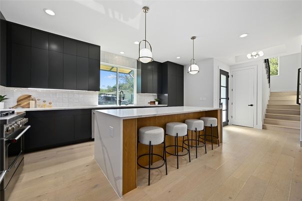 Interior, Kitchen, Pendant Lights, Recessed Lighting, Stainless Steel Appliances, Wood Texture Flooring