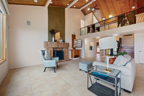 Fireplace, Interior, Living room, Recessed Lighting, Wooden Beams, Wooden Ceilings