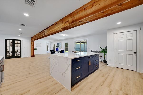Interior, Kitchen, Recessed Lighting, Wooden Beams, Wood Texture Flooring
