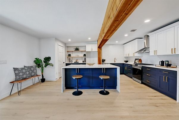 Interior, Kitchen, Recessed Lighting, Stainless Steel Appliances, Wooden Beams, Wood Texture Flooring