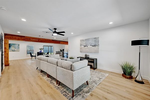 Dining room, Interior, Living room, Recessed Lighting, Wood Texture Flooring