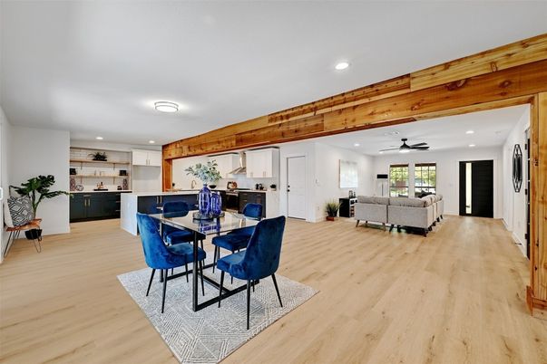 Dining room, Interior, Kitchen, Living room, Recessed Lighting, Wood Texture Flooring