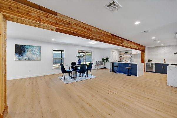 Dining room, Interior, Kitchen, Recessed Lighting, Wooden Beams, Wood Texture Flooring