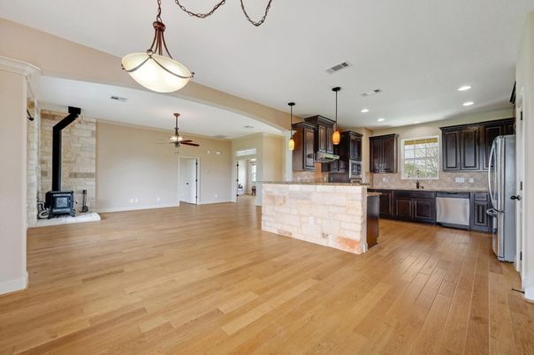 Interior, Kitchen, Pendant Lights, Recessed Lighting, Stone Walls, Wood Texture Flooring