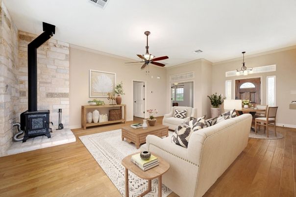 Dining room, Fireplace, Interior, Living room, Pendant Lights, Stone Walls, Wood Texture Flooring