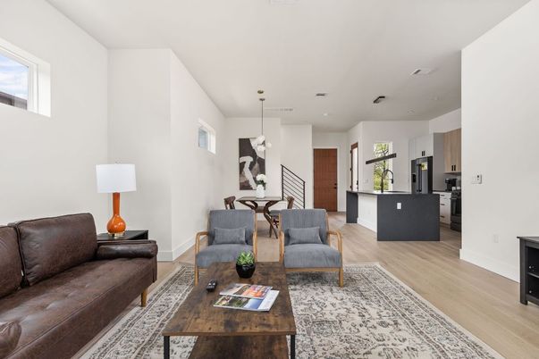 Interior, Kitchen, Living room, Pendant Lights, Recessed Lighting, Wood Texture Flooring