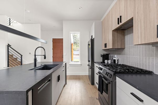 Interior, Kitchen, Recessed Lighting, Stainless Steel Appliances, Wood Texture Flooring