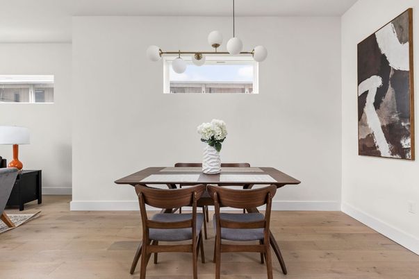Dining room, Interior, Pendant Lights, Wood Texture Flooring