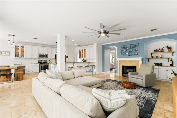 Fireplace, Interior, Kitchen, Living room, Pendant Lights, Recessed Lighting, Stainless Steel Appliances