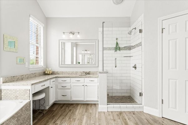 Bathroom, Glass Shower, Interior, Wood Texture Flooring