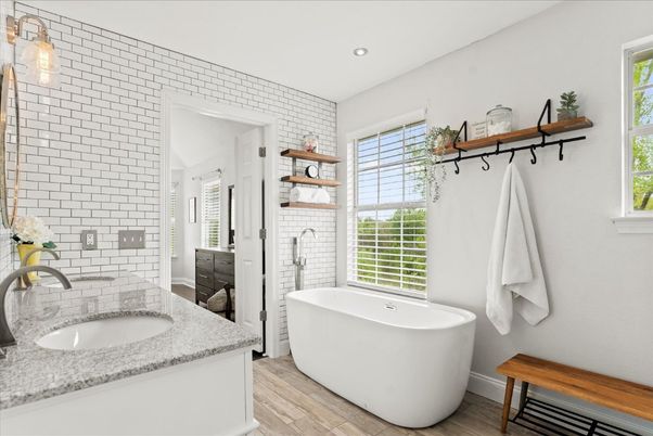 Bathroom, Dual Sink Vanities, Free Standing Baths, Interior, Recessed Lighting, Wood Texture Flooring