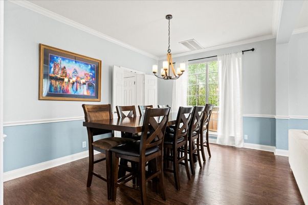 Chandelier, Dining room, Interior, Wood Texture Flooring