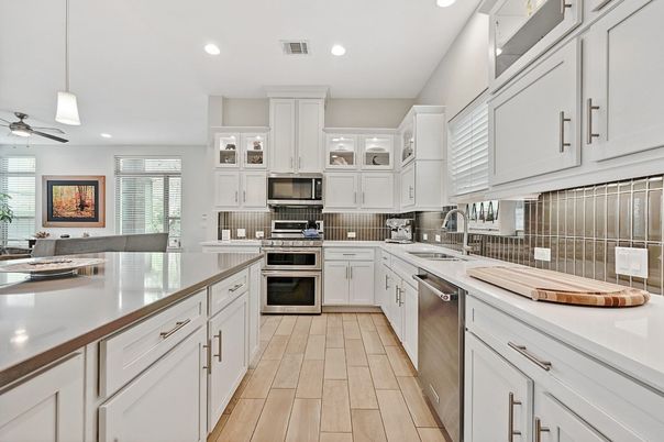 Interior, Kitchen, Pendant Lights, Recessed Lighting, Stainless Steel Appliances, Wood Texture Flooring