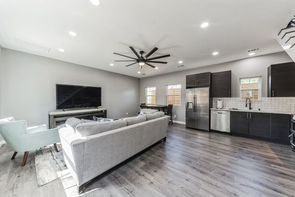 Interior, Kitchen, Living room, Recessed Lighting, Stainless Steel Appliances, Wood Texture Flooring