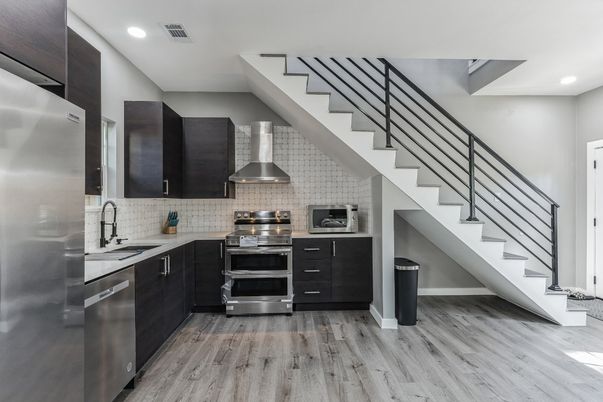 Interior, Kitchen, Recessed Lighting, Stainless Steel Appliances, Wood Texture Flooring