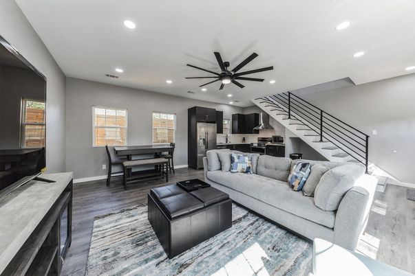 Dining room, Interior, Kitchen, Living room, Recessed Lighting, Stainless Steel Appliances, Wood Texture Flooring