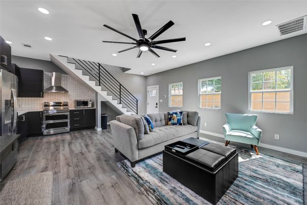 Interior, Kitchen, Living room, Recessed Lighting, Stainless Steel Appliances, Wood Texture Flooring