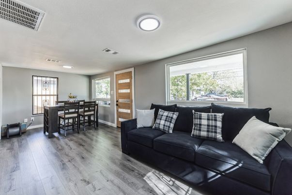 Dining room, Interior, Living room, Recessed Lighting, Wood Texture Flooring
