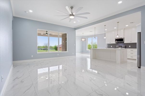 Interior, Kitchen, Marble, Pendant Lights, Recessed Lighting, Stainless Steel Appliances