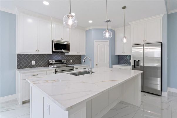 Interior, Kitchen, Marble, Pendant Lights, Recessed Lighting, Stainless Steel Appliances