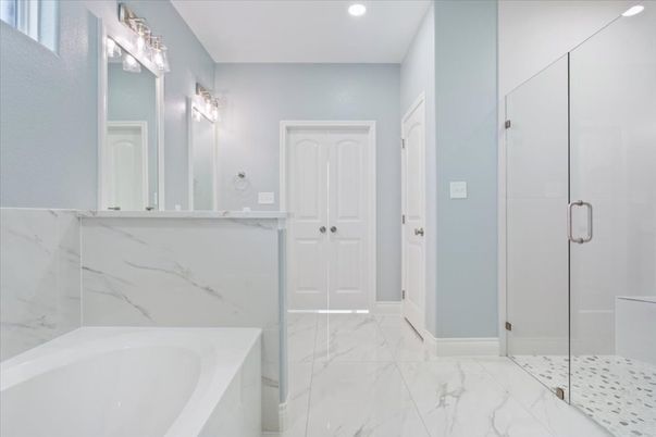 Bathroom, Glass Shower, Interior, Marble, Marble Walls, Recessed Lighting