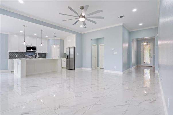 Interior, Kitchen, Marble, Pendant Lights, Recessed Lighting, Stainless Steel Appliances