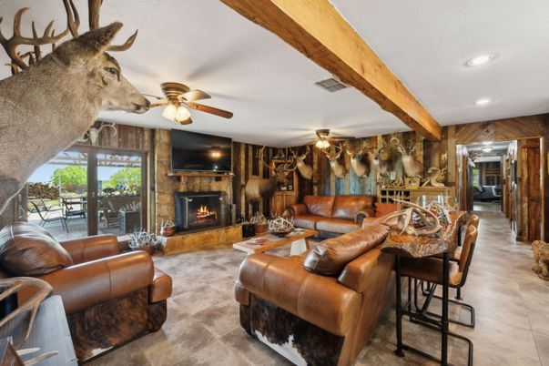 Fireplace, Interior, Living room, Recessed Lighting, Wooden Beams, Wooden Walls