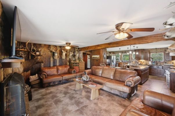 Dining room, Fireplace, Interior, Kitchen, Living room, Pendant Lights, Wooden Walls