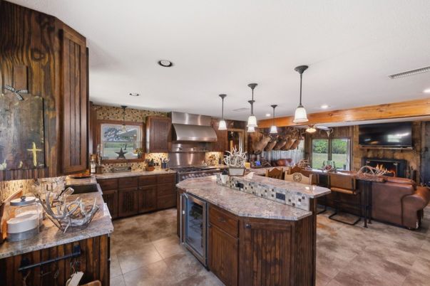 Fireplace, Interior, Kitchen, Living room, Pendant Lights, Recessed Lighting, Stainless Steel Appliances