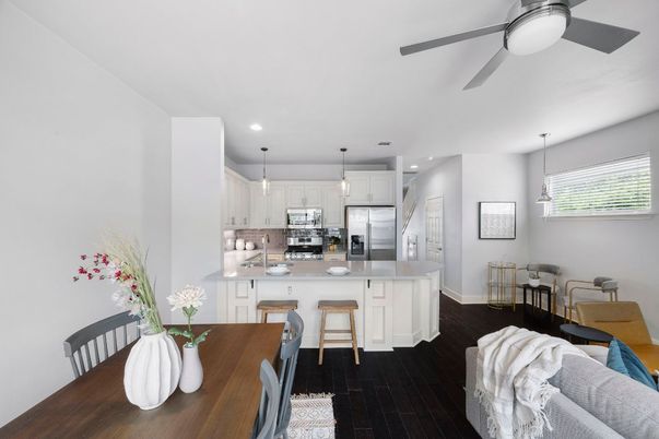Dining room, Interior, Kitchen, Pendant Lights, Recessed Lighting, Stainless Steel Appliances, Wood Texture Flooring