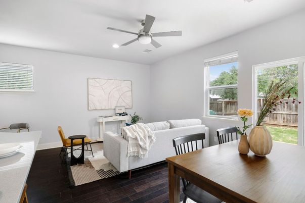 Dining room, Interior, Living room, Recessed Lighting, Wood Texture Flooring
