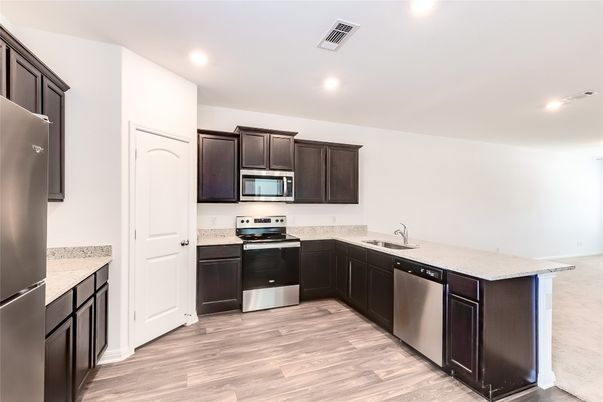 Interior, Kitchen, Recessed Lighting, Stainless Steel Appliances, Wood Texture Flooring