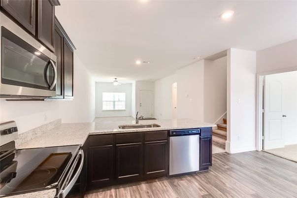 Interior, Kitchen, Recessed Lighting, Stainless Steel Appliances, Wood Texture Flooring