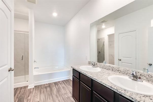 Bathroom, Dual Sink Vanities, Interior, Recessed Lighting, Wood Texture Flooring