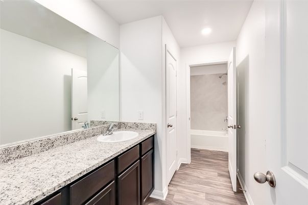 Bathroom, Dual Sink Vanities, Interior, Recessed Lighting, Wood Texture Flooring