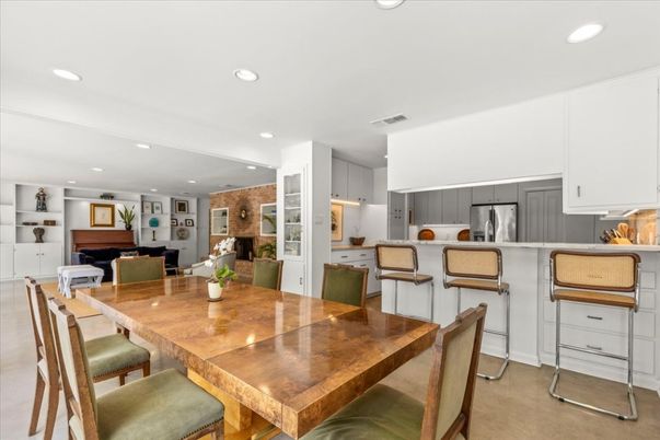Dining room, Fireplace, Interior, Kitchen, Recessed Lighting, Stainless Steel Appliances