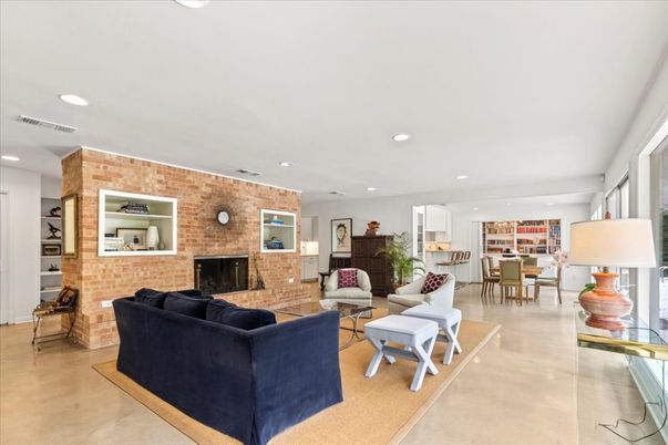 Dining room, Fireplace, Interior, Kitchen, Living room, Recessed Lighting, Stone Walls