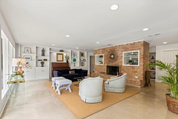 Fireplace, Interior, Living room, Recessed Lighting, Stone Walls